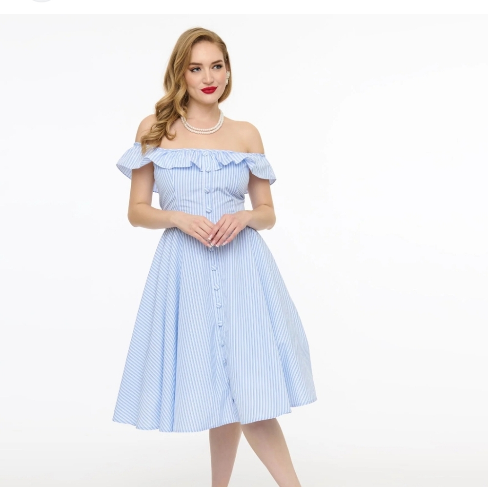 Magnolia Place Blue and White Ruffled Off-Shoulder Dress. Vintage Inspired.